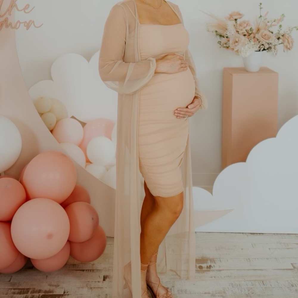 Baby shower dress and duster-tan, maternity, bump friendly